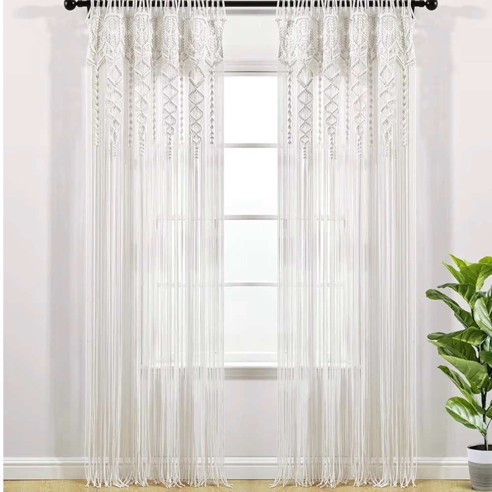 Boho Macramé Sheer Fringe Curtain Panel in White - Four Panels